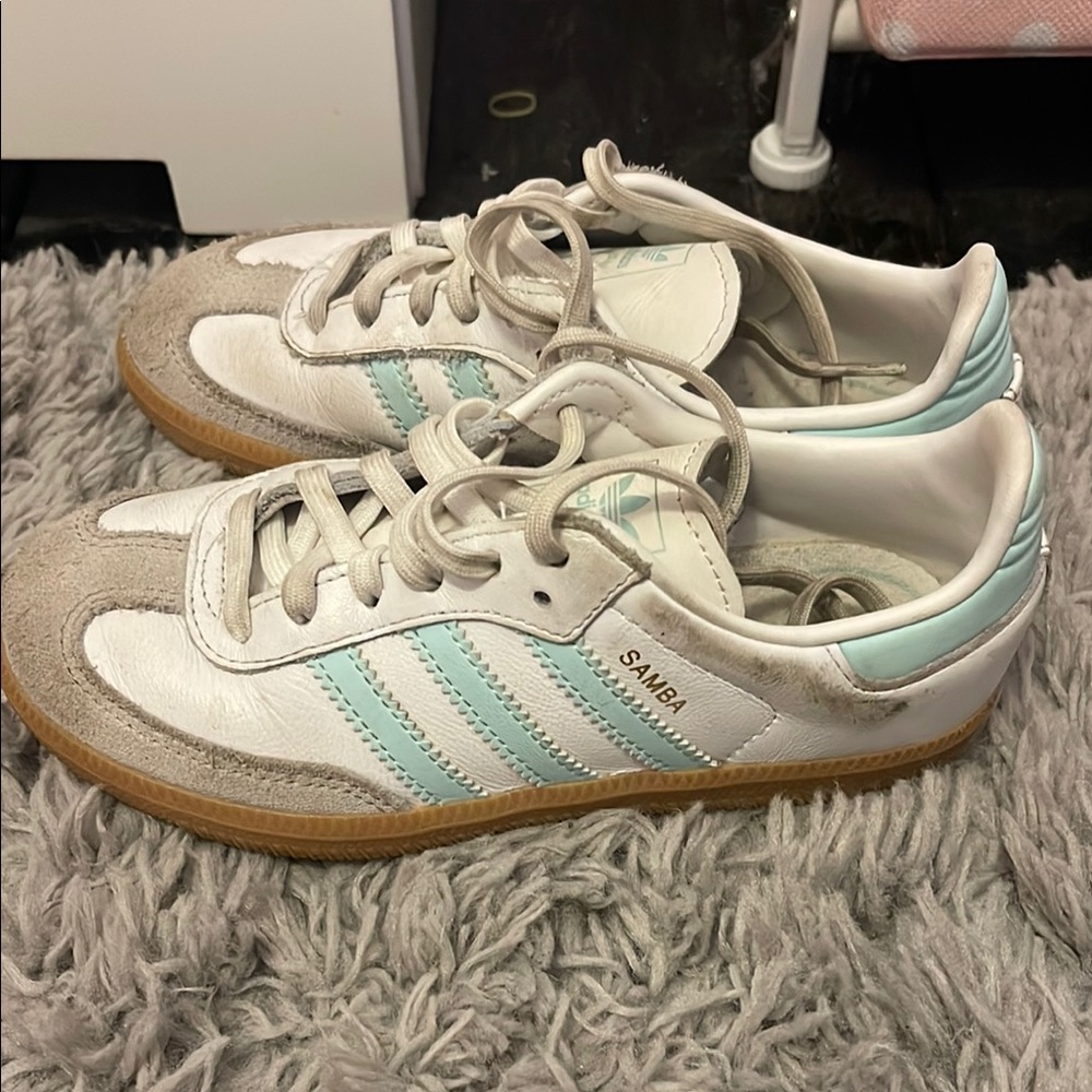 Adidas Samba Sneakers in White with Light Blue Stripes